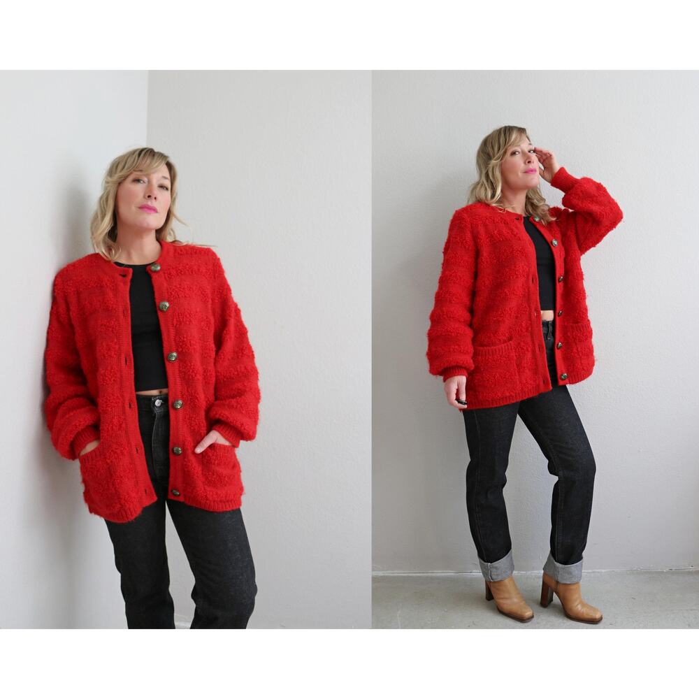 1980's Vintage Fuzzy Mohair Heart Button Cardigan ~ Women's MD LG XL ~ Button Up
